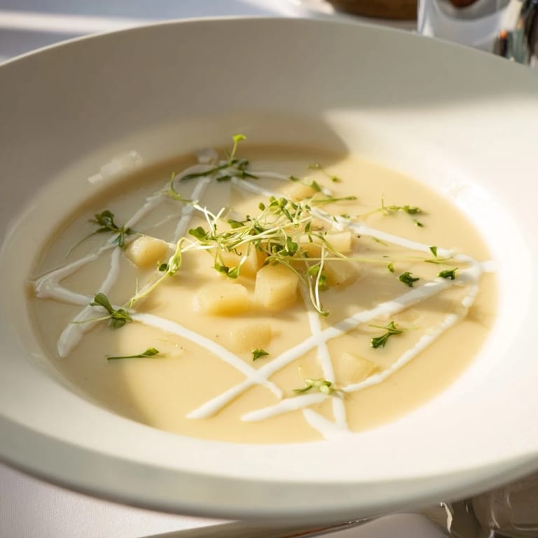 Creamy Celery Root Bisque ladled into a bowl, with crusty bread on the side for a comforting vegetarian meal.