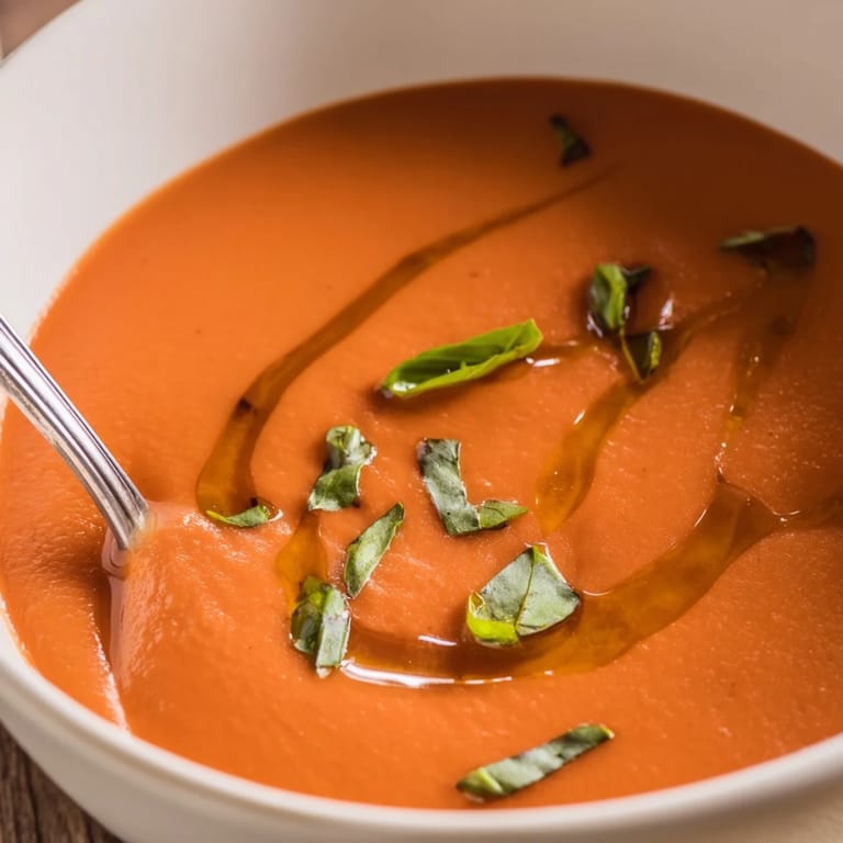 Creamy Tomato and Basil Soup served hot, perfect for dipping a grilled cheese sandwich or crusty sourdough bread on the side.