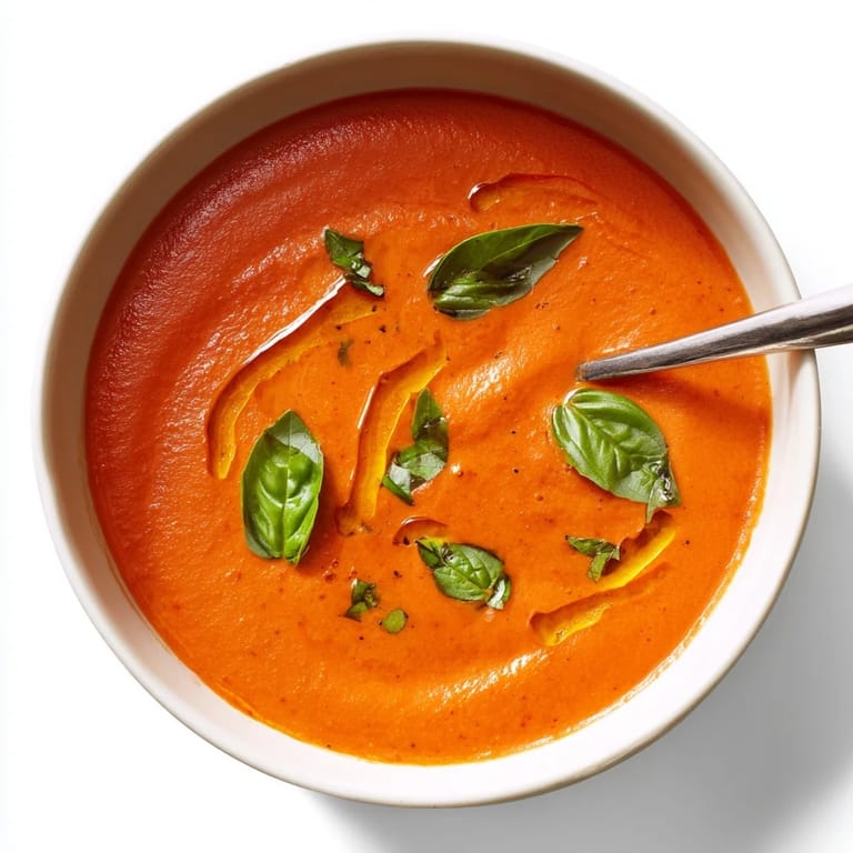 Silky smooth Tomato and Basil Soup simmered with onions and garlic, garnished with a swirl of cream and cracked black pepper.