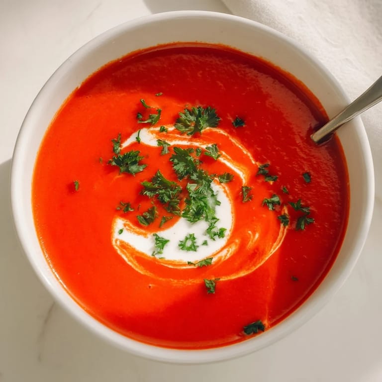Close-up of smooth roasted red pepper soup, its rich orange-red hue enhanced by smoked paprika, garnished with fresh herbs and served warm.