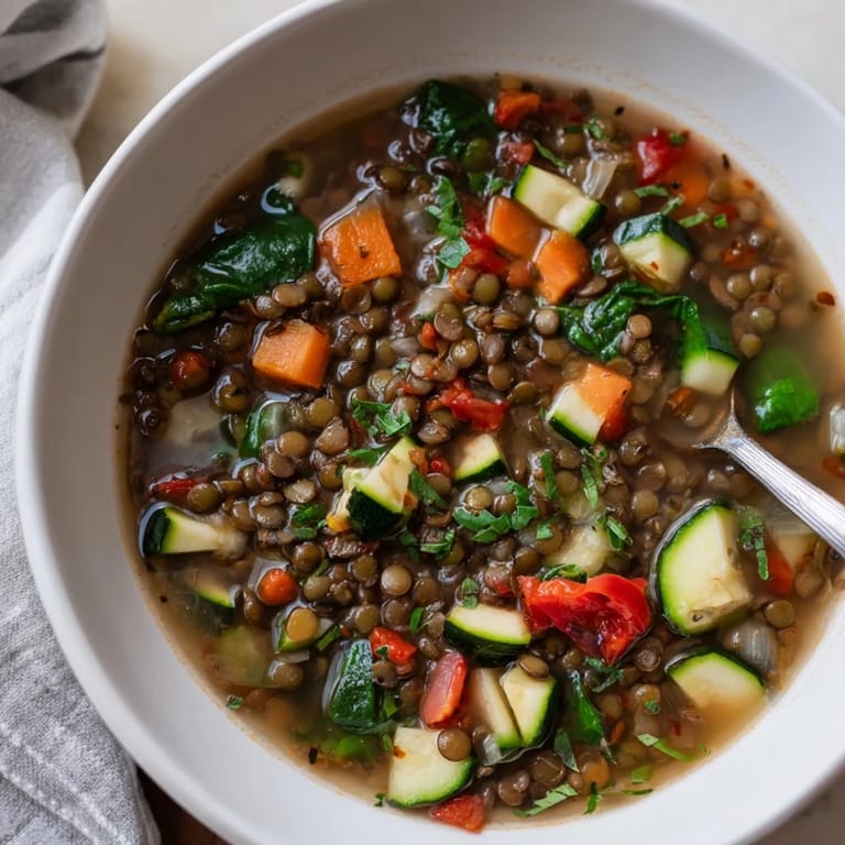 Close-up of hearty Lentil and Vegetable Soup in a rustic bowl, garnished with fresh parsley and a lemon wedge beside a slice of crusty bread.