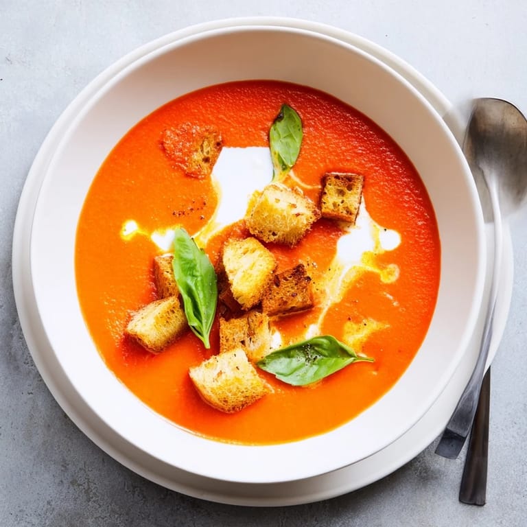 Freshly roasted tomatoes, onions, and garlic blended into a velvety soup topped with homemade crispy croutons.
