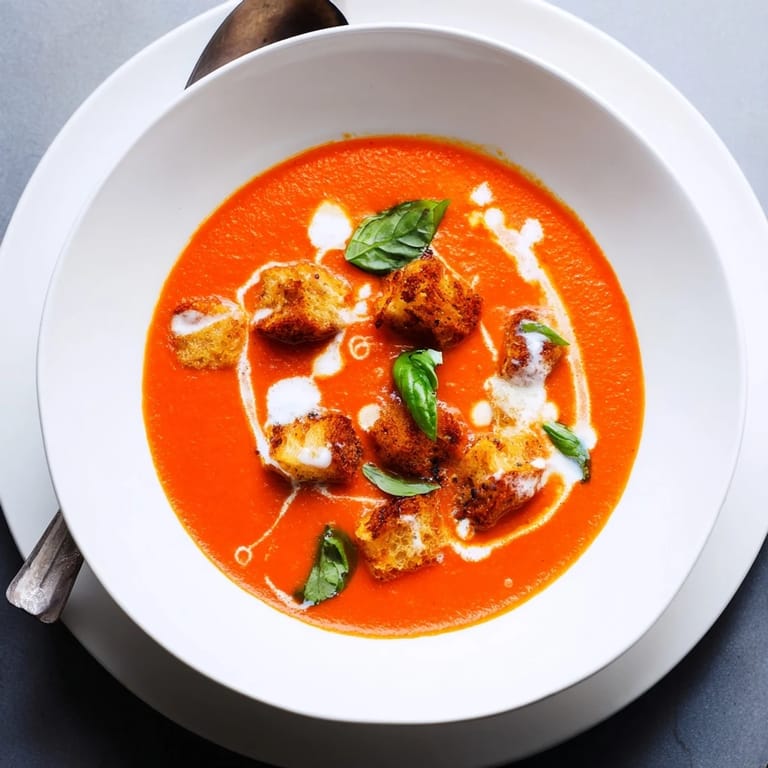 Savory roasted tomato soup garnished with crunchy croutons and fresh thyme, ready to serve for dinner.