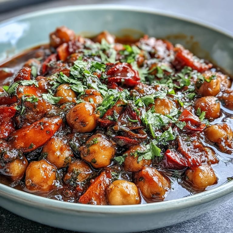 This hearty Spicy Chickpea Stew features tender chickpeas and diced vegetables in a rich tomato broth, steaming in a rustic pot.