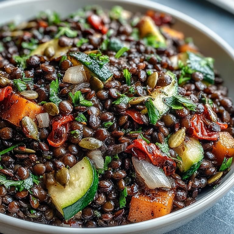 Hearty Mediterranean black lentil salad with roasted carrots, seeds, and herbs, perfect for a healthy vegetarian meal.