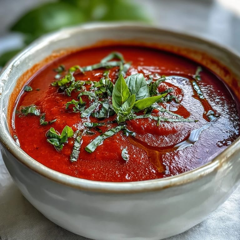 Silky smooth Tomato and Basil Soup served hot in a rustic bowl, steam rising from the rich red blend.