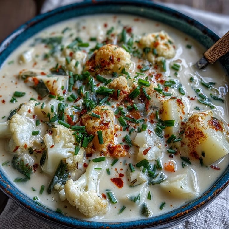 Steaming bowl of Vegetarian Cauliflower Chowder served alongside a slice of crusty artisan bread.