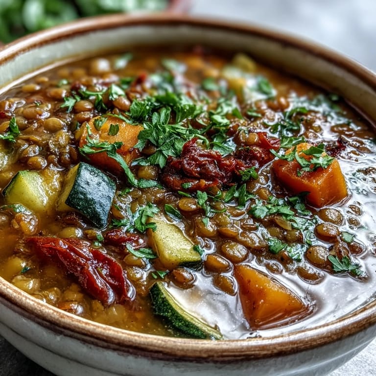 Colorful Lentil Soup simmering in a pot with diced zucchini, carrots, and aromatic spices.