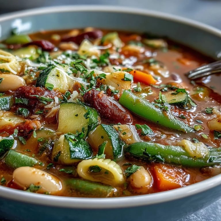 A steaming ladle of Minestrone Vegetable Soup reveals colorful diced carrots, zucchini, and cannellini beans in a savory vegetable broth.