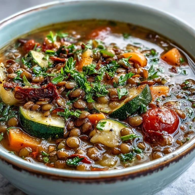 A hearty pot of Lentil and Vegetable Soup, garnished with fresh parsley and a lemon wedge for a bright finish. 