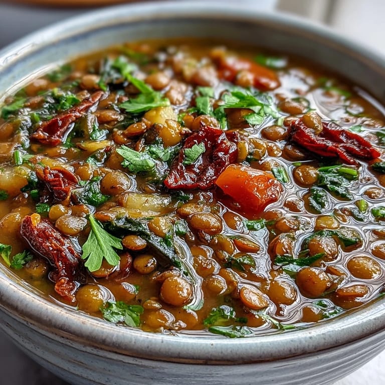 Close-up of warm Lentil and Vegetable Soup, featuring caramelized roasted vegetables and a rich, herb-infused broth.