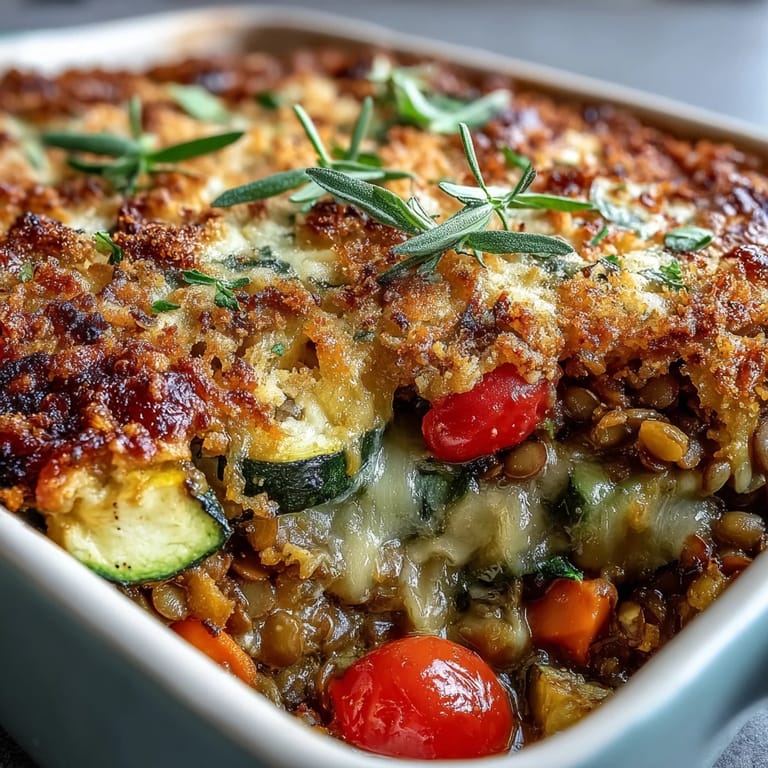 Hearty Green Lentil and Vegetable Casserole with spinach and tomatoes, ready to serve on a dinner table.