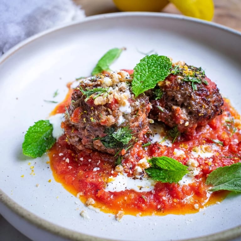 A vibrant close-up showing delicious Instant Pot Greek-Style Meatballs, dripping with savory sauce and feta cream.