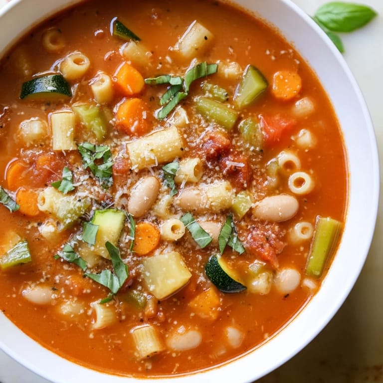 Close-up view of vibrant Minestrone Vegetable Soup in a rustic bowl, showcasing diced carrots, zucchini, and beans in a savory tomato broth.  