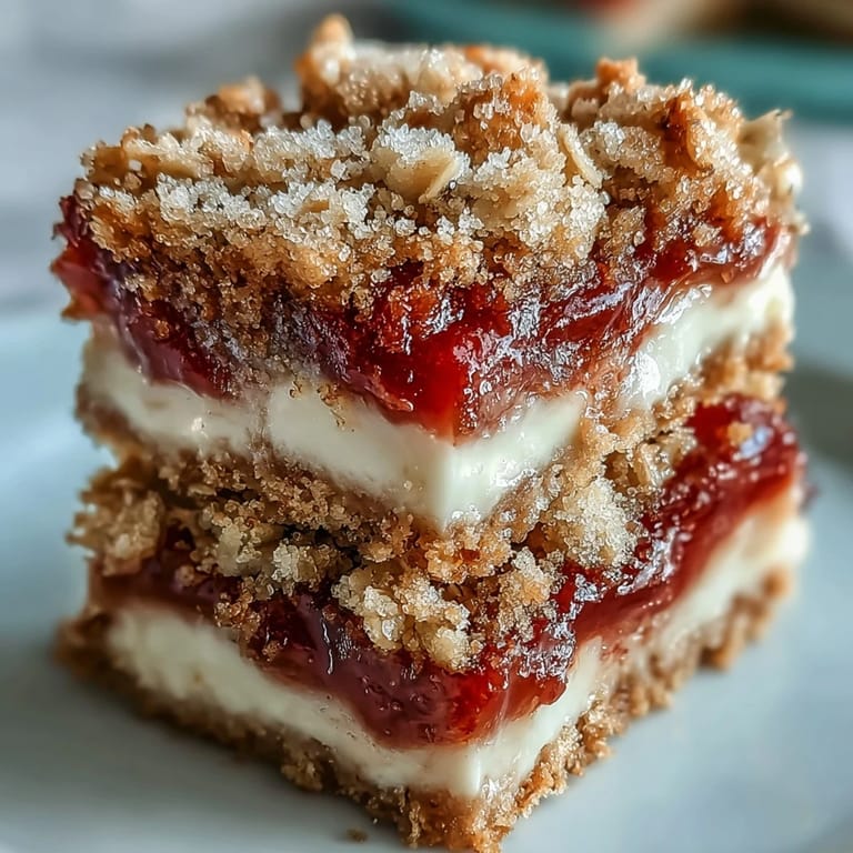 A close-up shot of Rhubarb and Custard Crumble Bars reveals tangy fruit filling and a golden crumble texture perfect for afternoon tea.