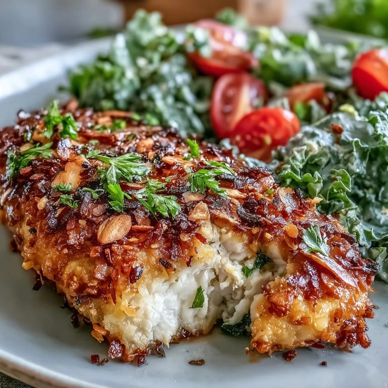 Fresh marinated kale and sumac salad next to crispy, golden almond-crusted chicken for dinner.