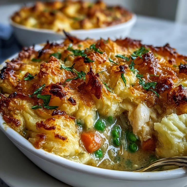Golden-brown mashed potato topping on Curried Fish Pie reveals fragrant, turmeric-hued curry sauce underneath.