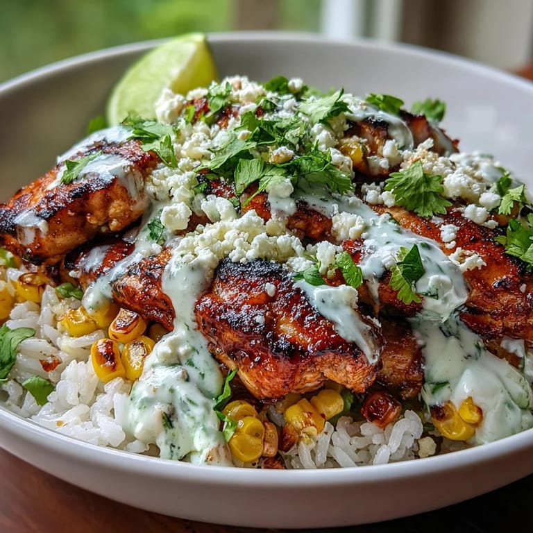 Street Corn Chicken and Rice Bowls feature tender chicken thighs, cotija cheese, cilantro, and fresh lime wedges on a bed of rice.