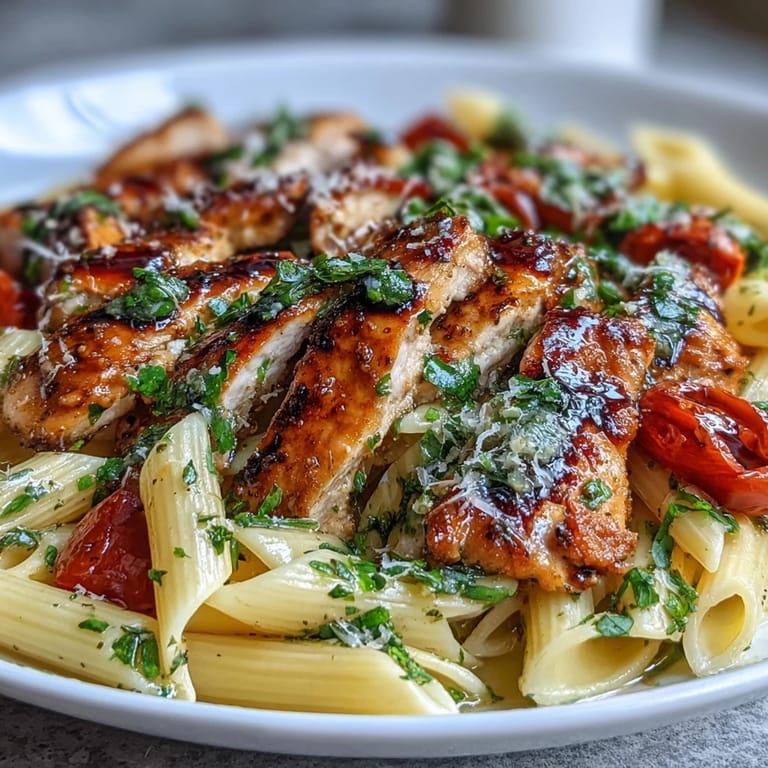 Summery Bruschetta Chicken Pasta served in a white bowl, garnished with fresh basil, Parmesan, and a balsamic drizzle.