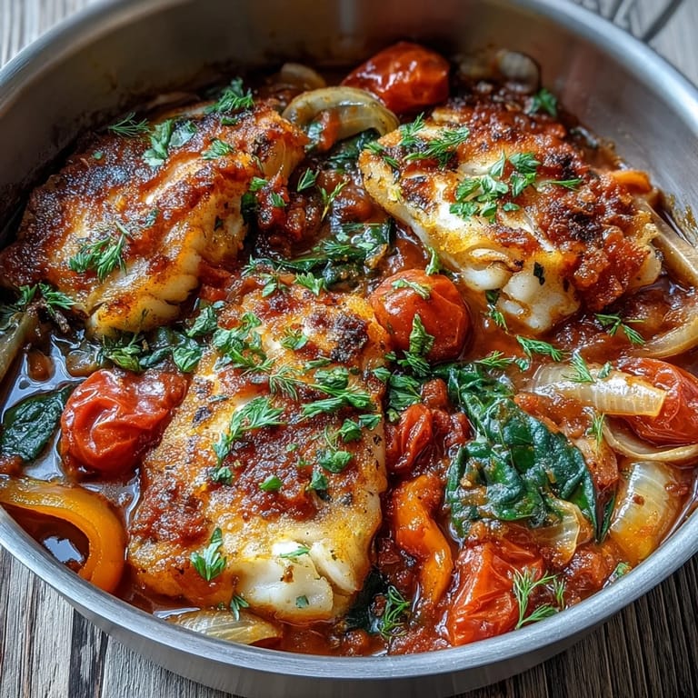 Serving suggestion for Spiced Cod One Pot, garnished with fresh cilantro and lemon wedges alongside steamed rice.