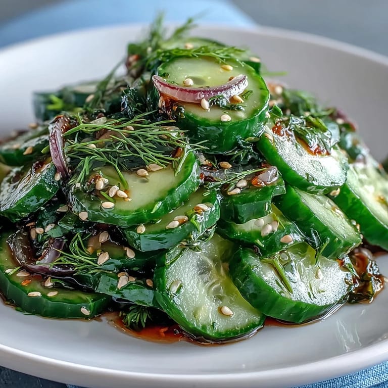 A close-up of thinly sliced cucumbers and red onions in Refreshing Crunchy Cucumber Salad, tossed with sesame seeds and fresh herbs.