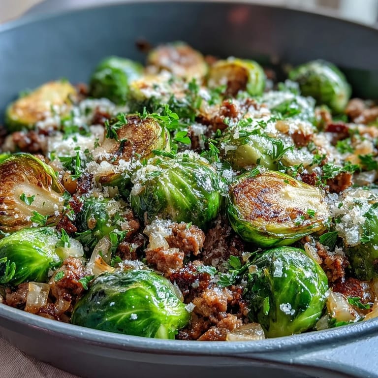 A steamy skillet of Brussels sprouts and ground turkey gets bright flavor from lemon juice and a sprinkle of Parmesan.