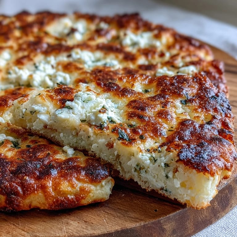 Freshly cooked Fluffy Cottage Cheese Flatbread resting on a wooden board, showing a soft interior and golden exterior, perfect for wrapping fillings.
