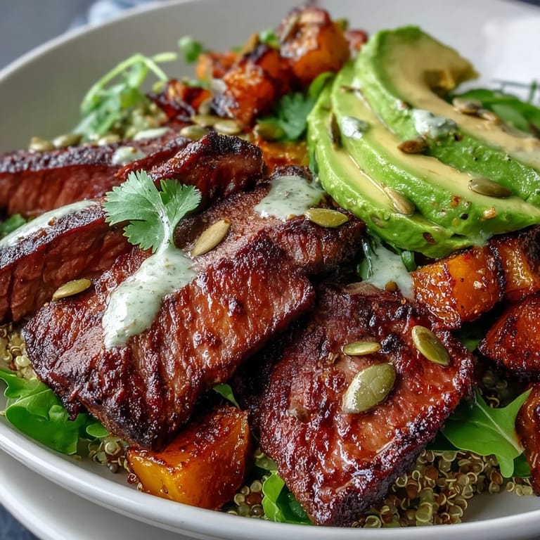 An overhead view of butternut squash steak bowls with vibrant quinoa and greens, showcasing juicy steak, avocado slices, and a bright drizzle of tangy cilantro-lime dressing.