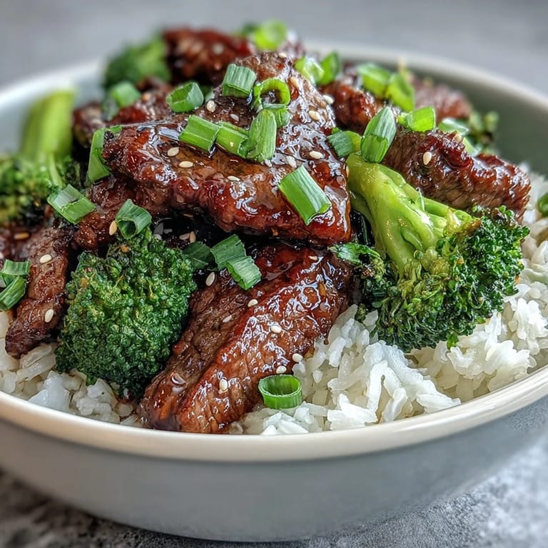 Aerial view of a hearty Beef and Broccoli Bowl, with glistening soy-ginger sauce, sesame seeds, and a colorful mix of beef and broccoli.