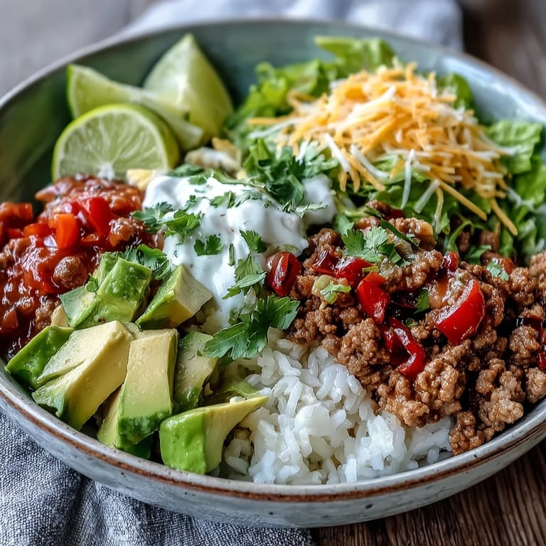 Turkey Taco Bowl with diced avocado, cherry tomatoes, and shredded lettuce, topped with cheddar cheese and a dollop of sour cream.