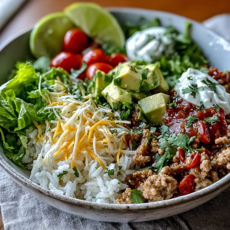 Turkey Taco Bowl garnished with fresh cilantro and lime wedges, arranged in white bowls ready for a quick, family-style dinner.