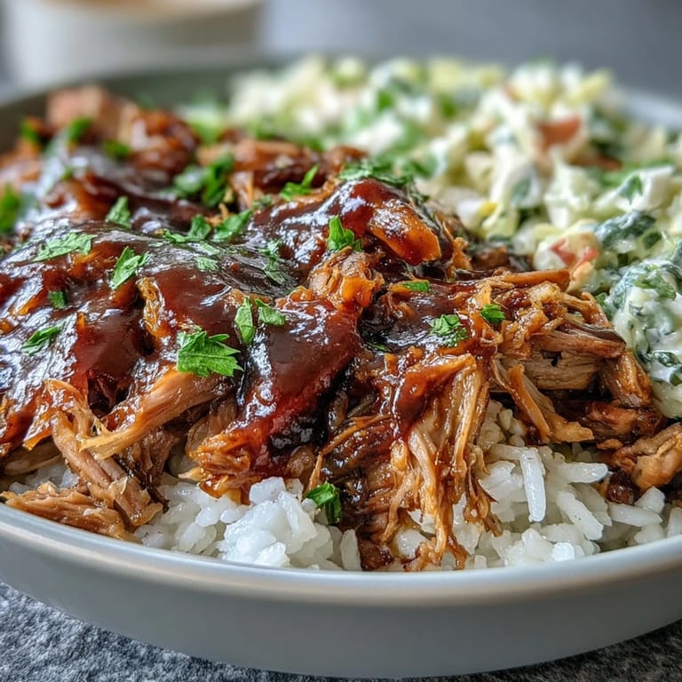 Pulled Pork Bowl featuring juicy shredded pork, crisp slaw, and rice, served as a hearty meal. 