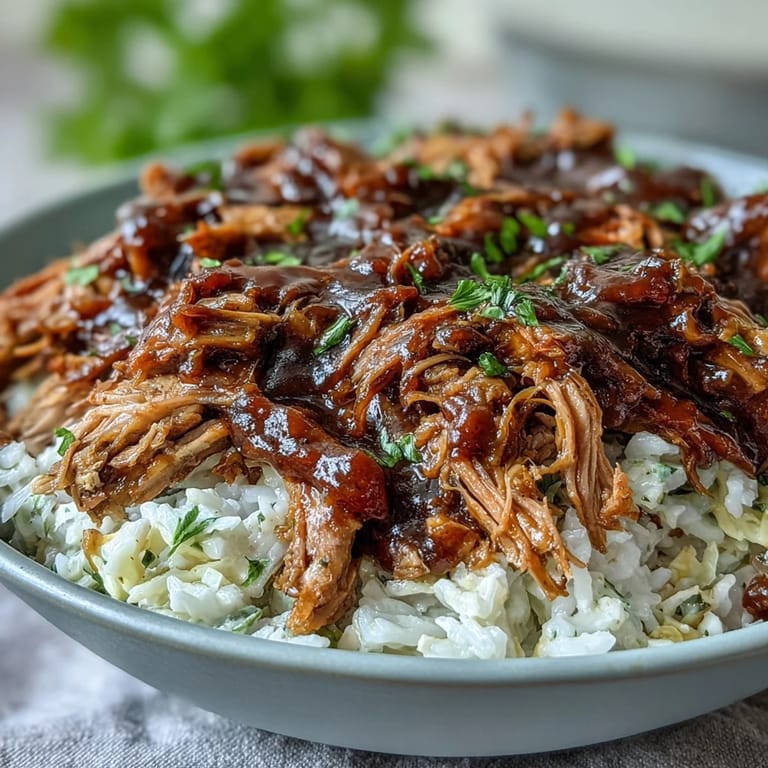 Close-up of a colorful Pulled Pork Bowl garnished with cilantro and scallions over steamed white rice.