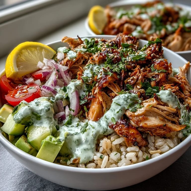 Healthy Rotisserie Chicken Bowl topped with cucumber, red onion, and drizzled with tangy tzatziki sauce.