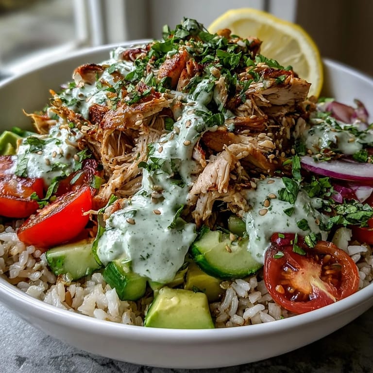 Quick Rotisserie Chicken Bowl featuring juicy shredded chicken, crisp veggies, and zesty lemon wedges for serving.