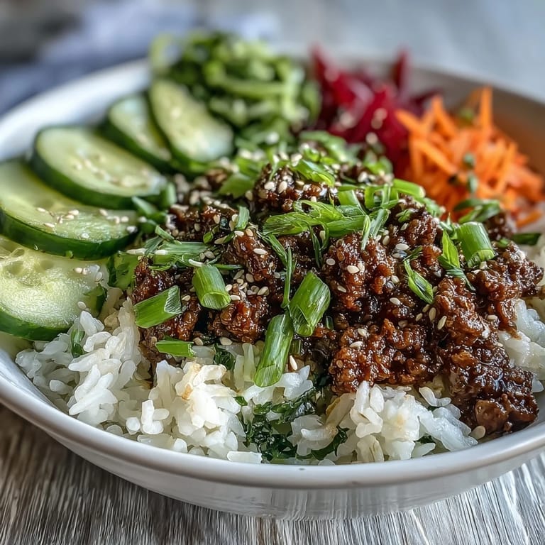 A healthy Korean Ground Beef Bowl served with cauliflower rice, tender saucy beef, and colorful tangy pickled veggies for a gluten-free dinner.