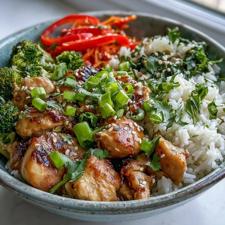 Close-up on glazed chicken and crisp veggies in a Chicken and Rice Bowl, perfect for a quick weeknight meal.