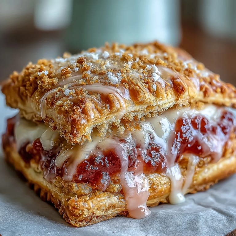 Homemade Guava Cheese Pop Tarts cut in half to reveal the vibrant sweet-tart guava filling inside.
