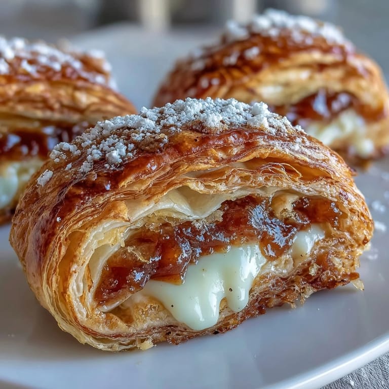A close-up of baked guava cheese pastries, golden-brown and dusted with powdered sugar, ready to enjoy.