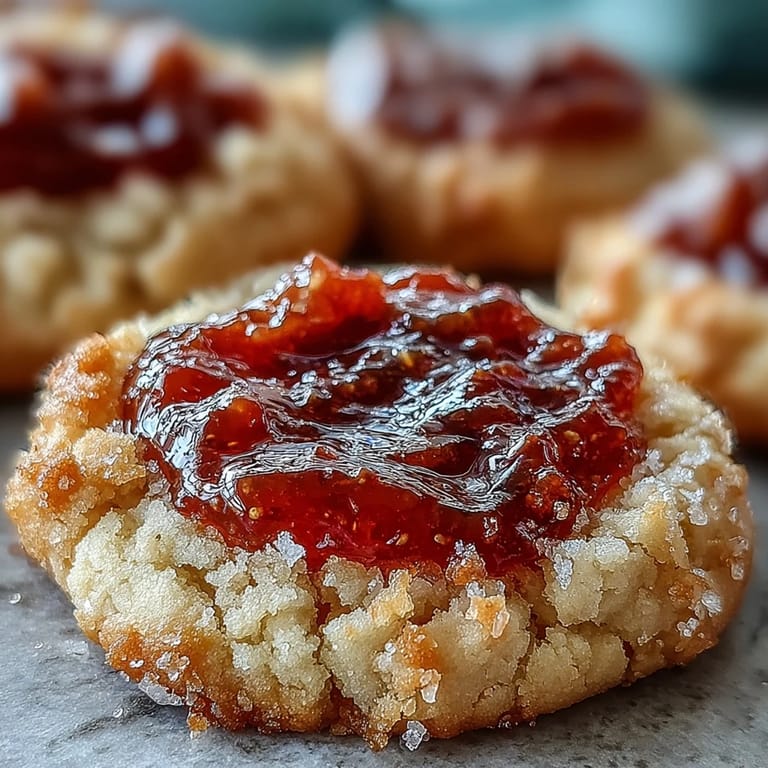 Freshly baked Guava Jam Thumbprint Cookies stacked on a cooling rack, their buttery edges perfectly crisp.