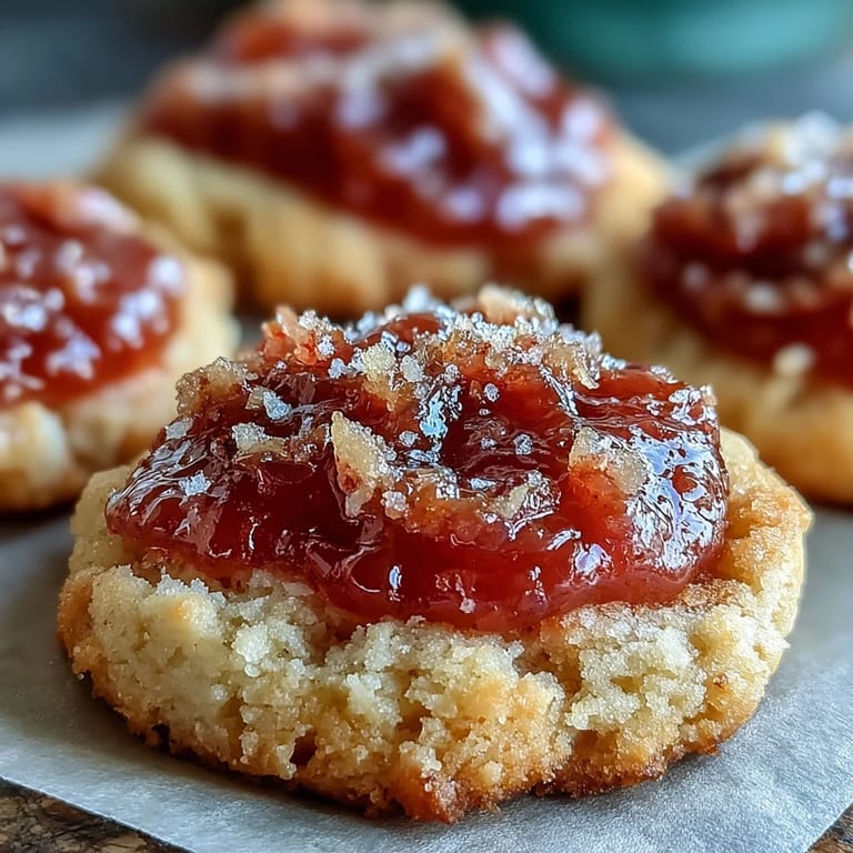 A close-up of Guava Jam Thumbprint Cookies showing the sweet-tart guava filling in every golden thumbprint.