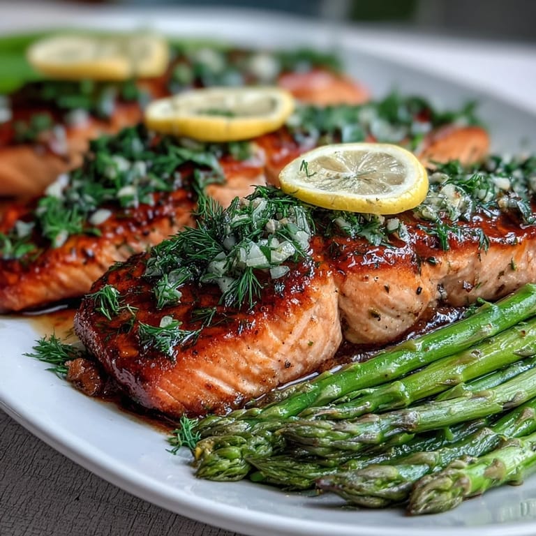 Tender Marry Me Salmon topped with aromatic garlic and fresh dill, ready to serve with roasted asparagus.