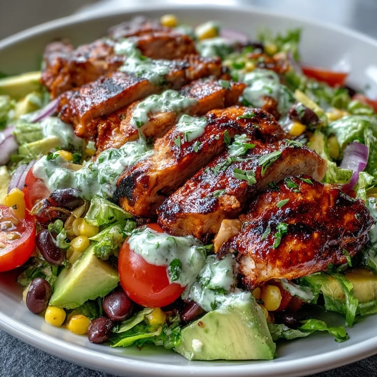 Sliced grilled chicken on a bed of romaine with beans, corn, and avocado, drizzled with lime dressing for High Protein Southwest Chicken Salad.