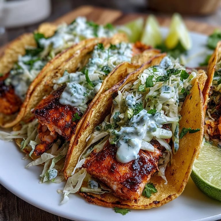 Freshly prepared Air Fryer Salmon Tacos With Slaw featuring vibrant cabbage and lime on a plate.