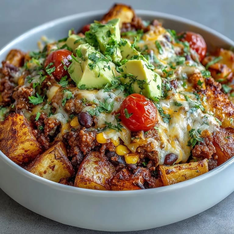 Golden potato cubes and savory beef mixture fill this Loaded Potato Taco Bowl, garnished with juicy tomatoes and zesty lime.