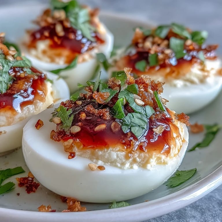 Golden halved eggs filled with creamy yolk mixture, drizzled with spicy chili garlic oil and garnished.
