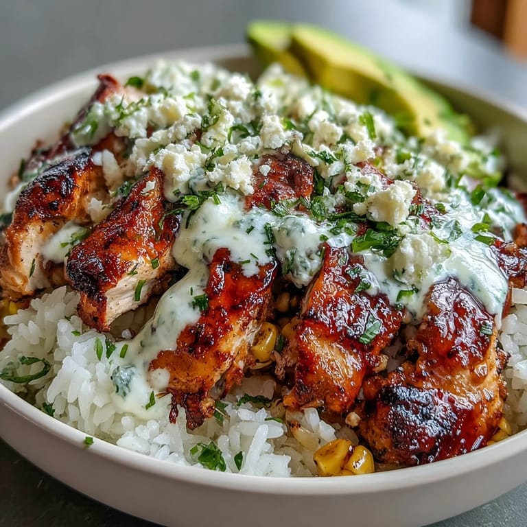 Perfect for weeknights, this Street Corn Chicken Rice Bowl features golden chicken, vibrant corn salsa, and a drizzle of spicy creamy sauce.