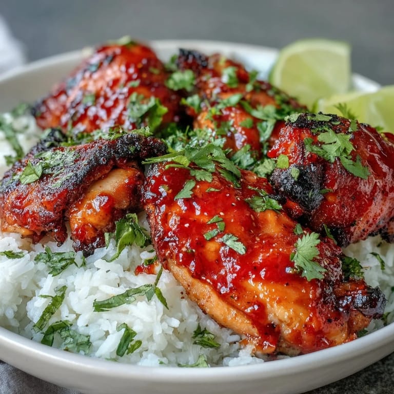 Tender Spicy Maple Chicken topped with cilantro and lime wedges on a bed of creamy coconut rice.