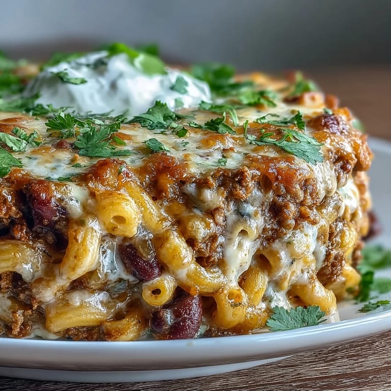A rustic casserole dish of Baked Ranch Turkey Chili Mac with chopped cilantro and sour cream.