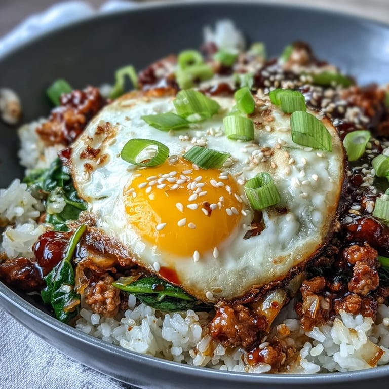 A one-pan skillet of ground turkey with gochujang, rice, and wilted spinach, topped with halved jammy eggs and scallions.